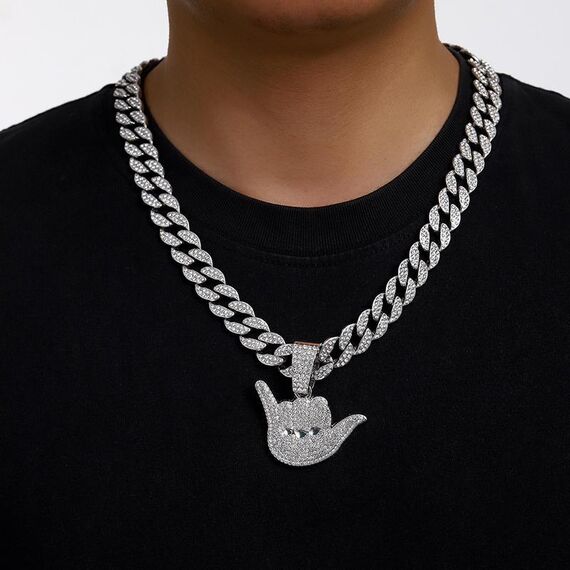 Collana cubana con ciondolo a forma di dito con diamanti, personalizzata, 666 uomini abbaglianti, alla moda, hip hop, strass (argento)