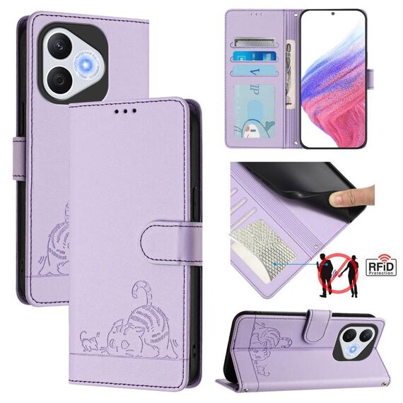 Custodia in pelle con motivo in rilievo a forma di gatto e ratto per Honor 400 Lite, con protezione RFID e cordino (viola)