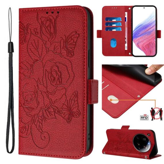 Custodia antifurto in pelle RFID con motivo a rose in rilievo per Xiaomi 15 Ultra (rossa)