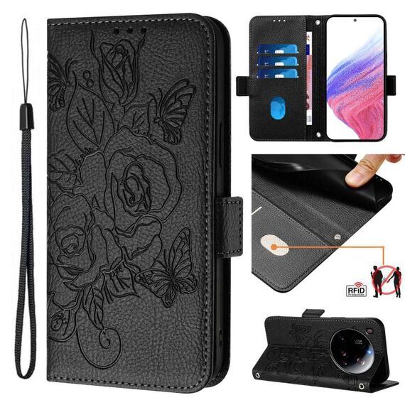 Custodia antifurto in pelle RFID con motivo a rose in rilievo per Xiaomi 15 Ultra (nera)
