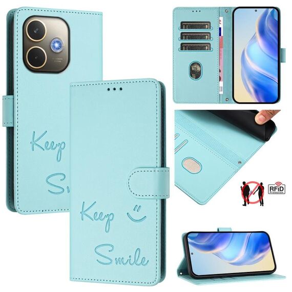 Custodia in pelle con stampa RFID e sorriso globale per OPPO A5 Pro 5G (verde menta)