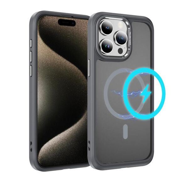 Per iPhone 15 Pro Max Custodia protettiva per obiettivo hardware MagSafe magnetica in TPU ibrida per PC (grigio)