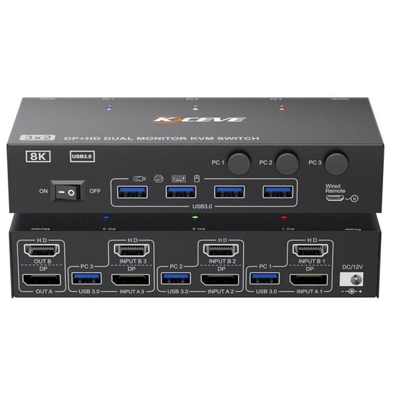 KCEVE KC-KVM302DH 8K 60Hz HDMI e DP e USB3.0 Dual Monitor KVM Switch, spina UK