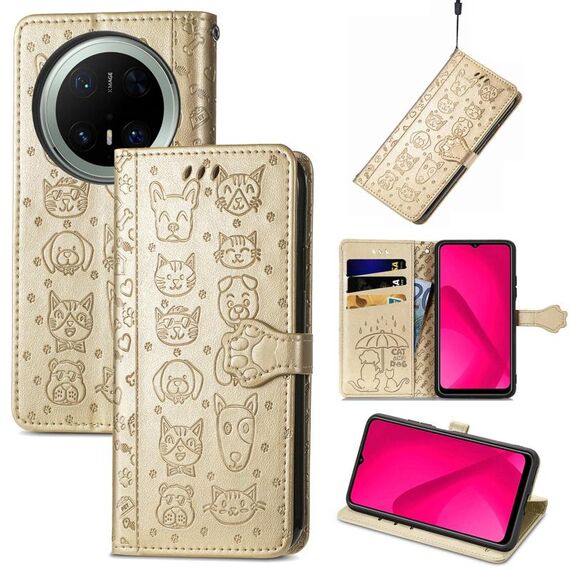 Per Huawei Mate 70 Pro+ Custodia in pelle goffrata con motivo a gatto e cane (oro)