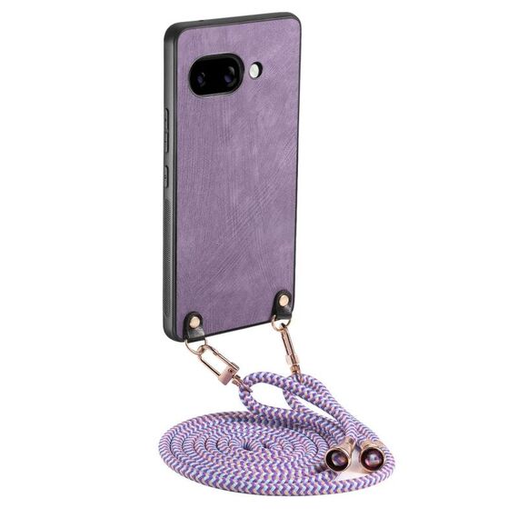 Per Google Pixel 9a Custodia per telefono in pelle vintage con retro in PC e tracolla (viola)