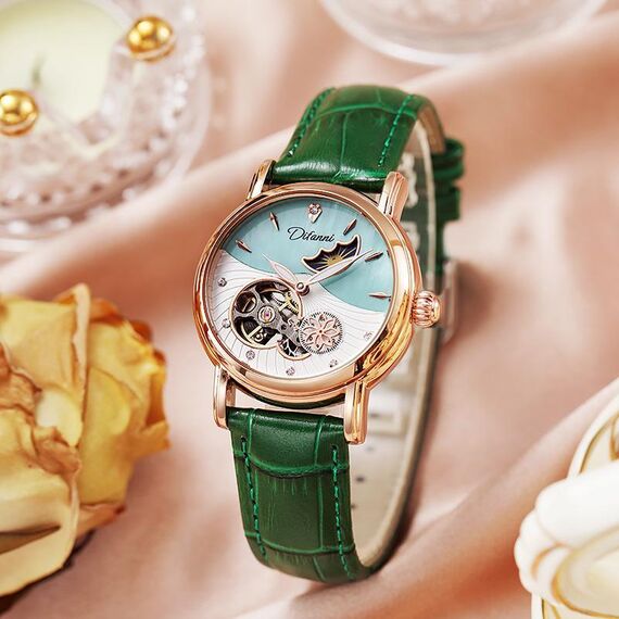 Orologio meccanico completamente automatico Dulunwe 6023C impermeabile 30 m, colore: oro rosa, pelle, verde