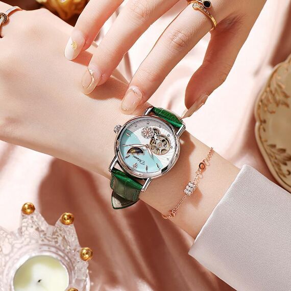 Orologio meccanico completamente automatico Dulunwe 6023C impermeabile 30m, colore: pelle naturale verde