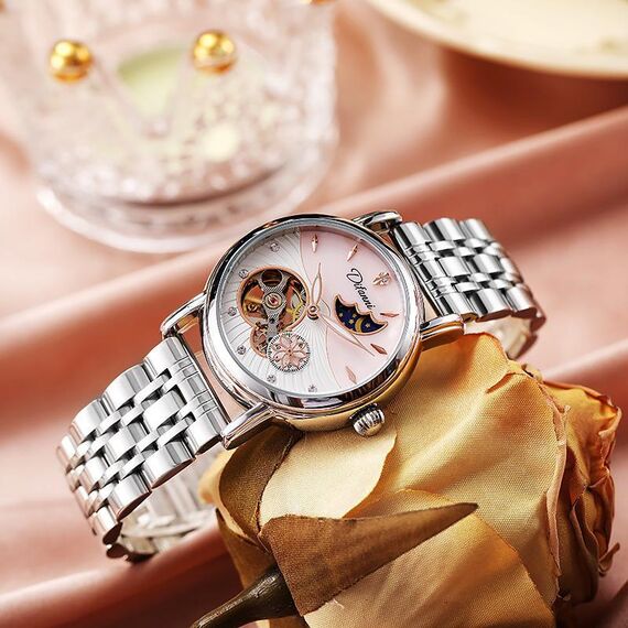 Orologio meccanico completamente automatico Dulunwe 6023C impermeabile 30m, colore: cinturino in acciaio naturale rosa