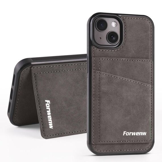 Per iPhone 15 Forwenw F8 Series 2 in 1 Custodia per telefono in pelle con slot per schede magnetiche (grigio)