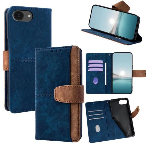 Per iPhone 16e Custodia per telefono con blocco RFID in pelle con cuciture colorate (blu)