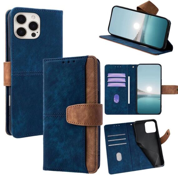 Per iPhone 16 Pro Custodia per telefono con blocco RFID in pelle con cuciture colorate (blu)