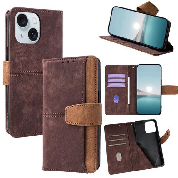 Per iPhone 15 Custodia per telefono con blocco RFID in pelle con cuciture colorate (marrone)
