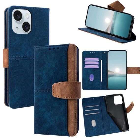 Per iPhone 15 Custodia per telefono con blocco RFID in pelle con cuciture colorate (blu)