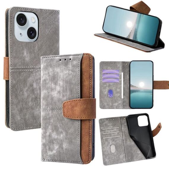 Per iPhone 13 Custodia per telefono con blocco RFID in pelle con cuciture colorate (grigio)