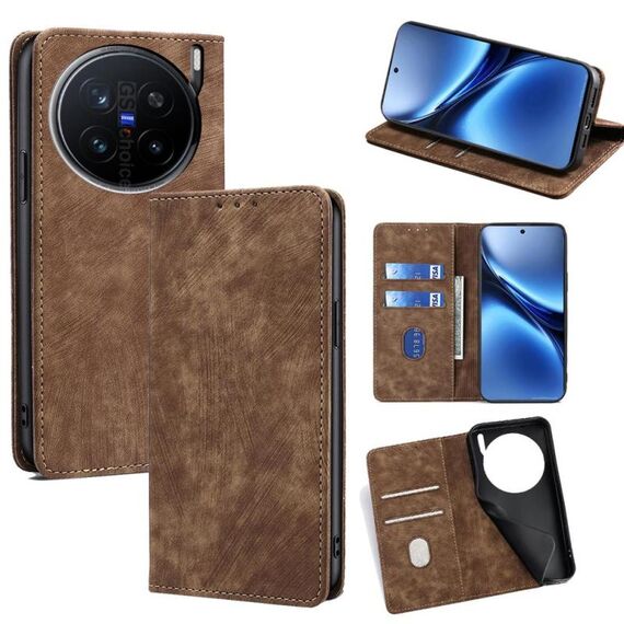 Per vivo X200 Pro 5G RFID Anti-furto Spazzola Magnetico Custodia in Pelle per Telefono (Marrone)