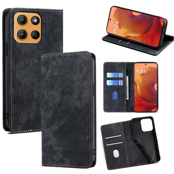 Per Motorola Moto G15 / G15 Power Custodia per telefono in pelle magnetica con spazzola antifurto RFID (nero)