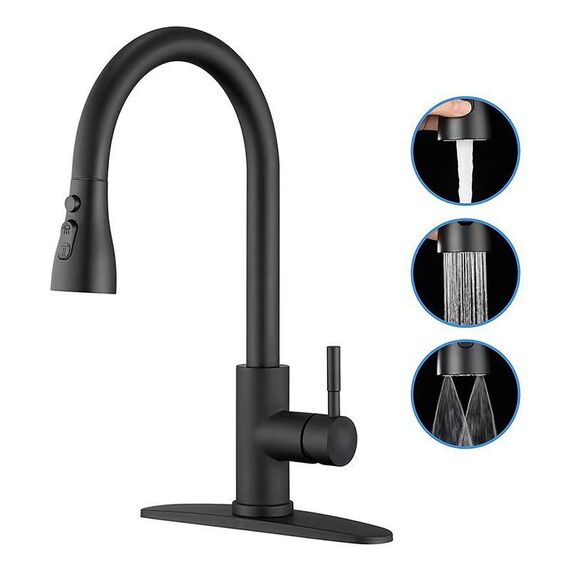 Rubinetto da cucina estraibile a 3 modalità, miscelatore acqua calda/fredda con base (nero)