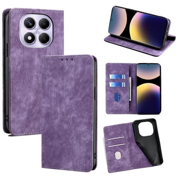 Per Redmi Note 14 Pro 4G RFID Antifurto Spazzola Magnetico Custodia in Pelle per Telefono (Viola)