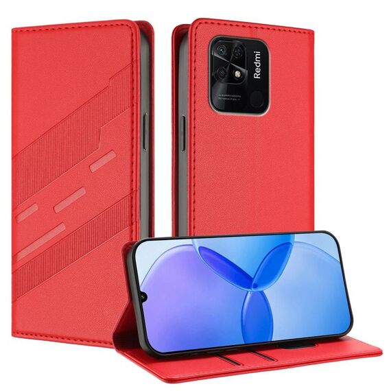 Custodia per telefono in pelle retrò con portafoglio multifunzionale in rilievo per Redmi 10C (rossa)