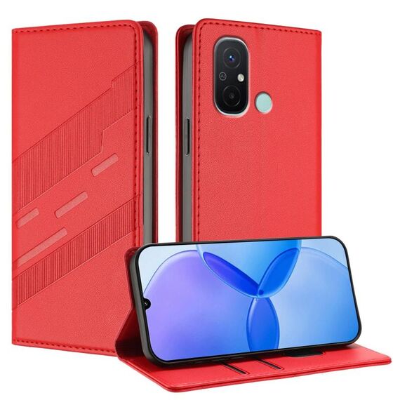Custodia per telefono in pelle retrò con portafoglio multifunzionale in rilievo per Redmi 12C (rossa)