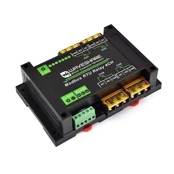 Modulo relè ad alta corrente RS485 a 4 vie di tipo guida Waveshare, protocollo Modbus RTU (30461)