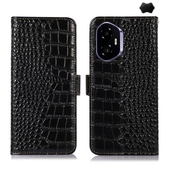 Custodia per telefono in pelle di vacchetta con strato superiore in coccodrillo per Honor 400 (nera)