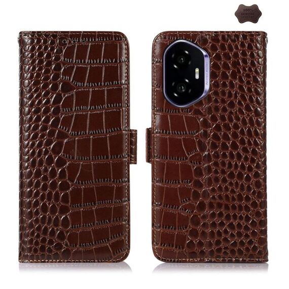 Custodia per telefono in pelle di vacchetta con strato superiore in coccodrillo per Honor 400 (marrone)