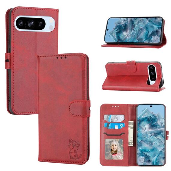Per Google Pixel 10/10 Pro Custodia in pelle con motivo a gatto felice in rilievo (rosso)