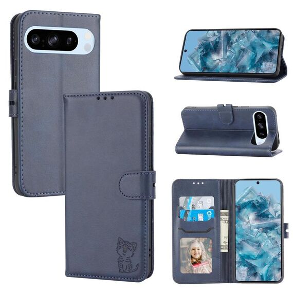 Per Google Pixel 10/10 Pro Custodia in pelle con motivo a gatto felice in rilievo (blu)