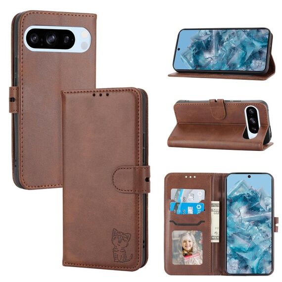 Per Google Pixel 10/10 Pro Custodia in pelle con motivo a gatto felice in rilievo (marrone)