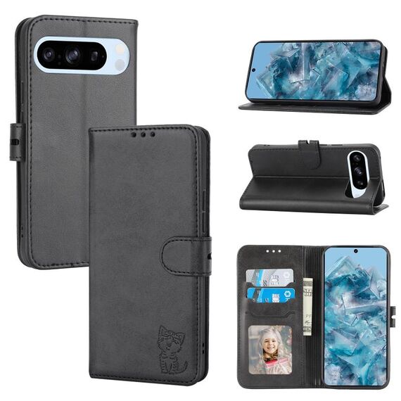 Per Google Pixel 10/10 Pro Custodia in pelle con motivo a gatto felice in rilievo (nero)