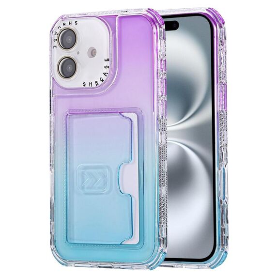 Per iPhone 16 Plus Custodia per telefono con copertura completa in TPU + slot per scheda PC con colore sfumato (viola cielo blu)