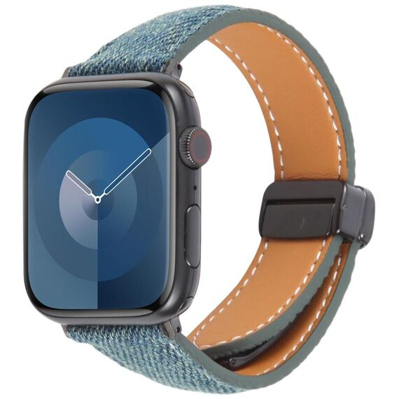 Per Apple Watch 42mm / 41mm / 40mm / 38mm Cinturino per orologio in pelle denim con fibbia magnetica pieghevole (blu reale)