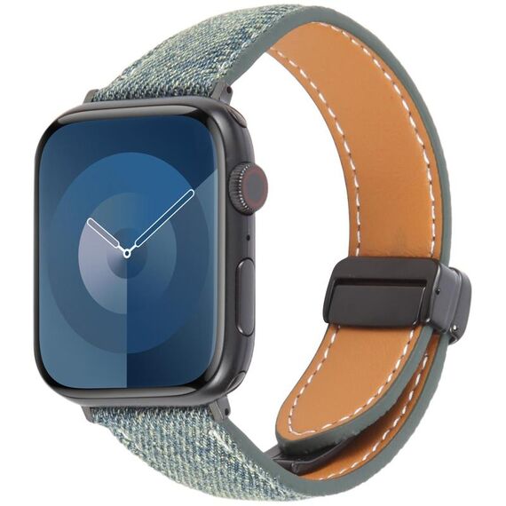 Per Apple Watch 42mm / 41mm / 40mm / 38mm Cinturino per orologio in pelle denim con fibbia magnetica pieghevole (blu grigio)