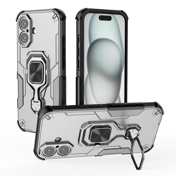 Per iPhone 16 Custodia per telefono in TPU ibrido con supporto in metallo per PC (grigio)