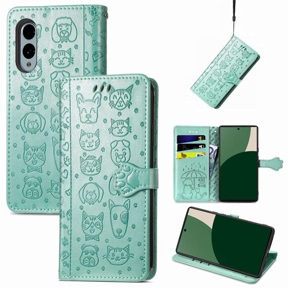 Per Fujitsu Arrows We2 / F-52E Custodia in pelle goffrata con motivo gatto e cane (verde)