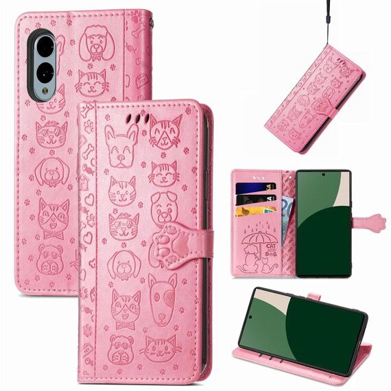 Per Fujitsu Arrows We2 Plus / F-51E Custodia in pelle goffrata con motivo gatto e cane (rosa)