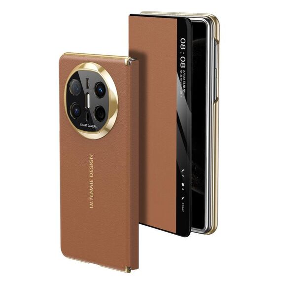 Per Huawei Mate X6 Gold Flip Fold Smart Window MagSafe Custodia in pelle per telefono (marrone)