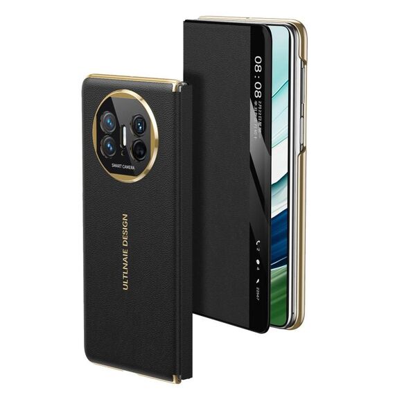 Per Huawei Mate X5 Gold Flip Fold Smart Window MagSafe Custodia in pelle per telefono (nero)