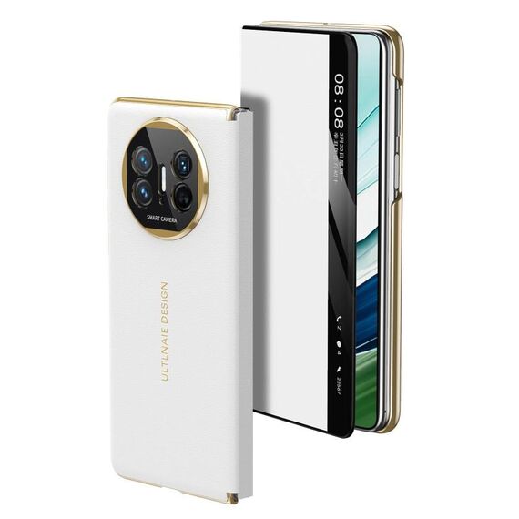 Per Huawei Mate X5 Gold Flip Fold Smart Window MagSafe Custodia in pelle per telefono (bianco)