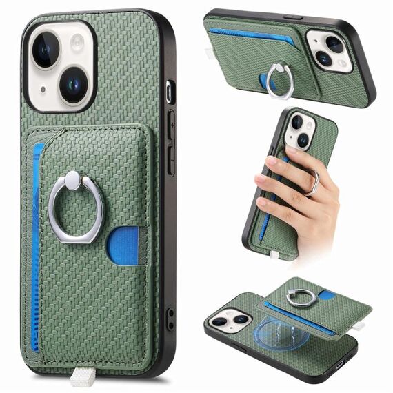 Per iPhone 14 Plus Custodia per telefono con inserto laterale ad anello in fibra di carbonio MagSafe (verde)