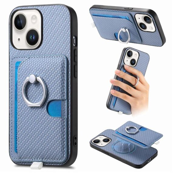 Per iPhone 13 Custodia per telefono con inserto laterale ad anello in fibra di carbonio MagSafe (blu)