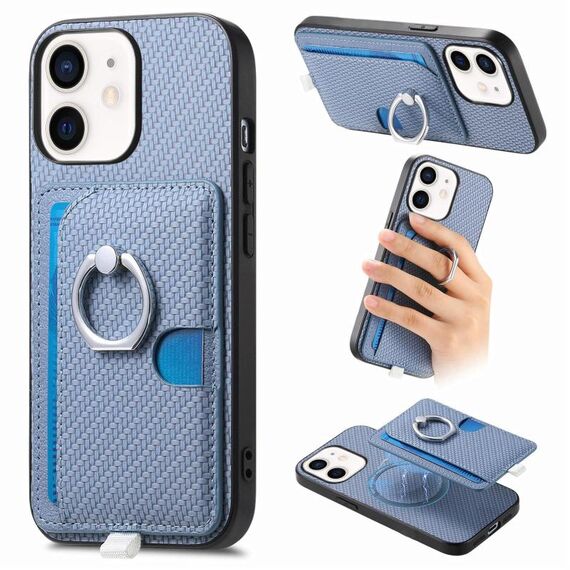 Per iPhone 12 Custodia per telefono con inserto laterale ad anello in fibra di carbonio MagSafe (blu)