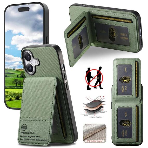 Per iPhone 16 Twill Tessuto Pelle Verticale Flip RFID Card Bag Custodia per Telefono (Verde)