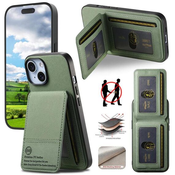 Per iPhone 15 Twill Tessuto Pelle Verticale Flip RFID Card Bag Custodia per Telefono (Verde)