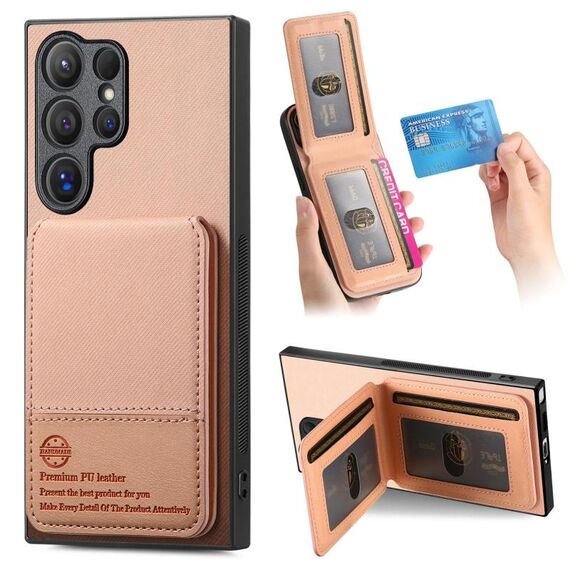 Per Samsung Galaxy S23 Ultra 5G Twill Tessuto Pelle Verticale Flip RFID Card Bag Custodia per Telefono (Rosa)