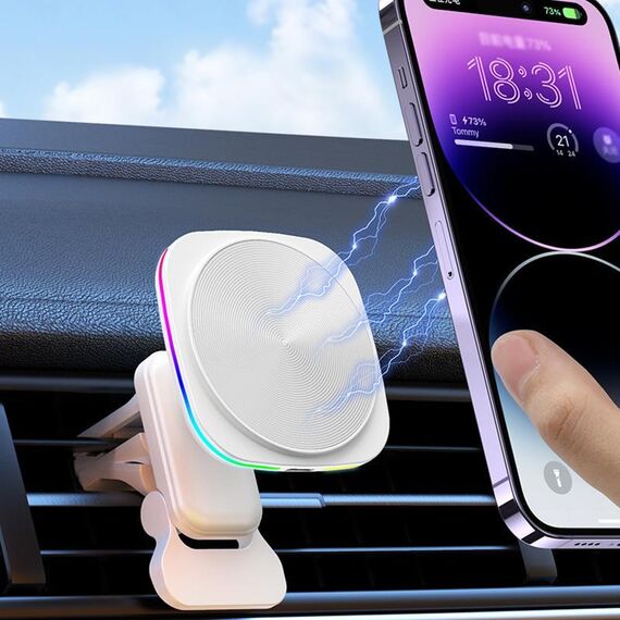Per iPhone 12-16 Cellulare Auto Caricabatterie Magnetico Wireless Supporto per Bocchetta dell'Aria Auto Caricabatterie Rapido Luce RGB (Bianco)