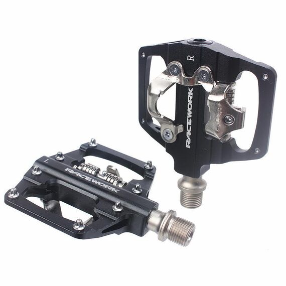 RACEWORK RK213 1 paio di pedali SPD + Flat per mountain bike, autobloccanti, a doppio scopo (neri)