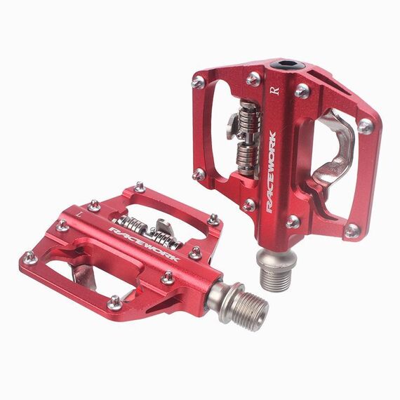 RACEWORK RK213 1 paio di pedali SPD + Flat per mountain bike, autobloccanti, a doppio scopo (rosso)