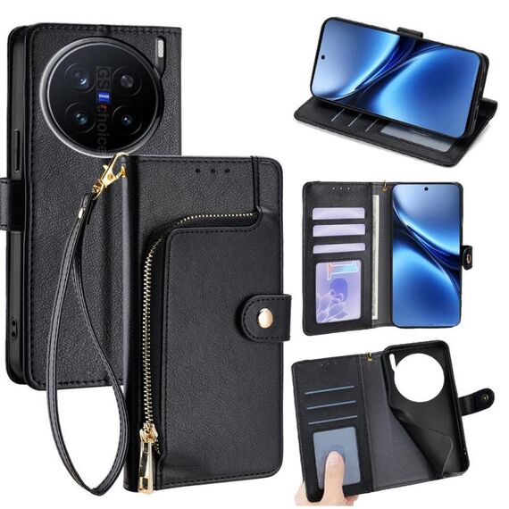 Per vivo X200 Pro 5G Custodia in pelle con cerniera (nero)